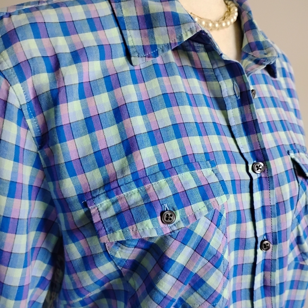 Talbots 100% Cotton Plaid Button Up Shirt Blue Purple Colorful Classic Sz Large - Picture 5 of 15